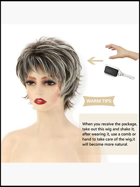 Short Pixie Cut Wig with Bangs Synthetic Hair Layered Wavy Natural Look main image 6